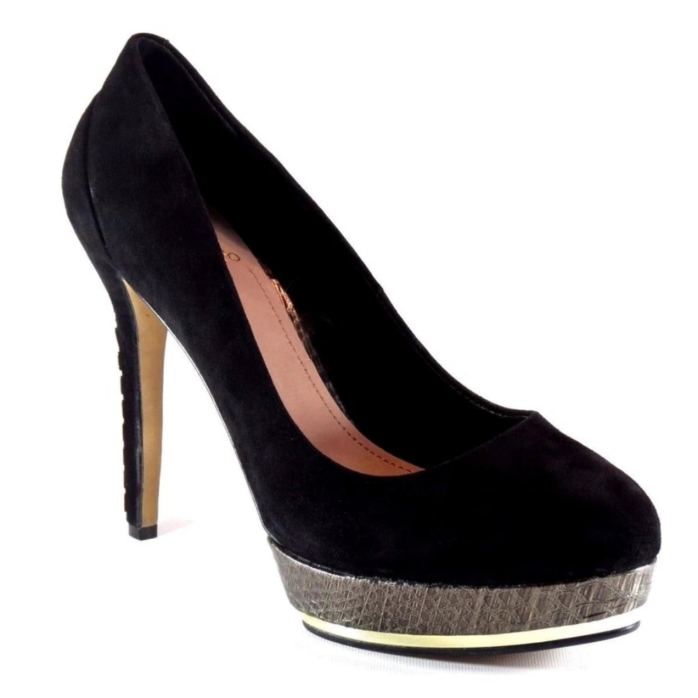 Vince Camuto Deba Black Suede Embossed Leather Platform Studded Heel Size 7.5